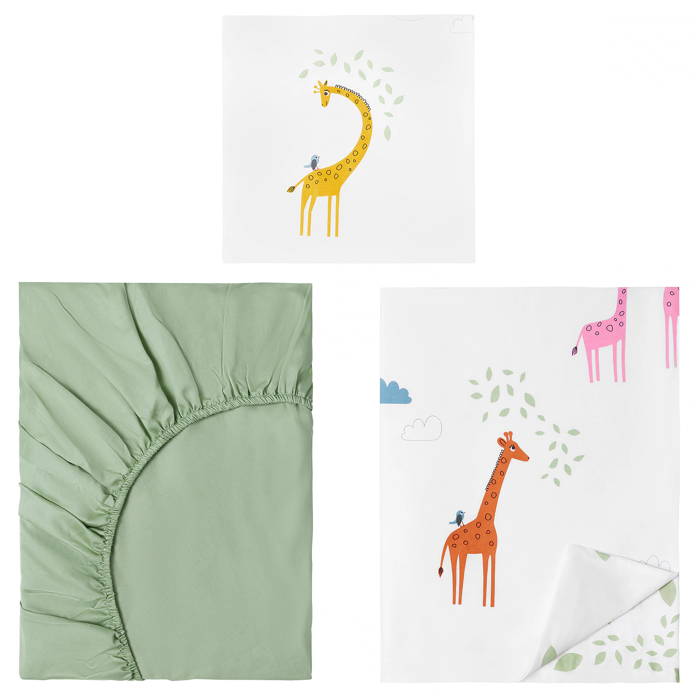 BERGFINK Set posteljine s vrećom, 3-delni, zelena žirafa, 150x200/50x60 cm