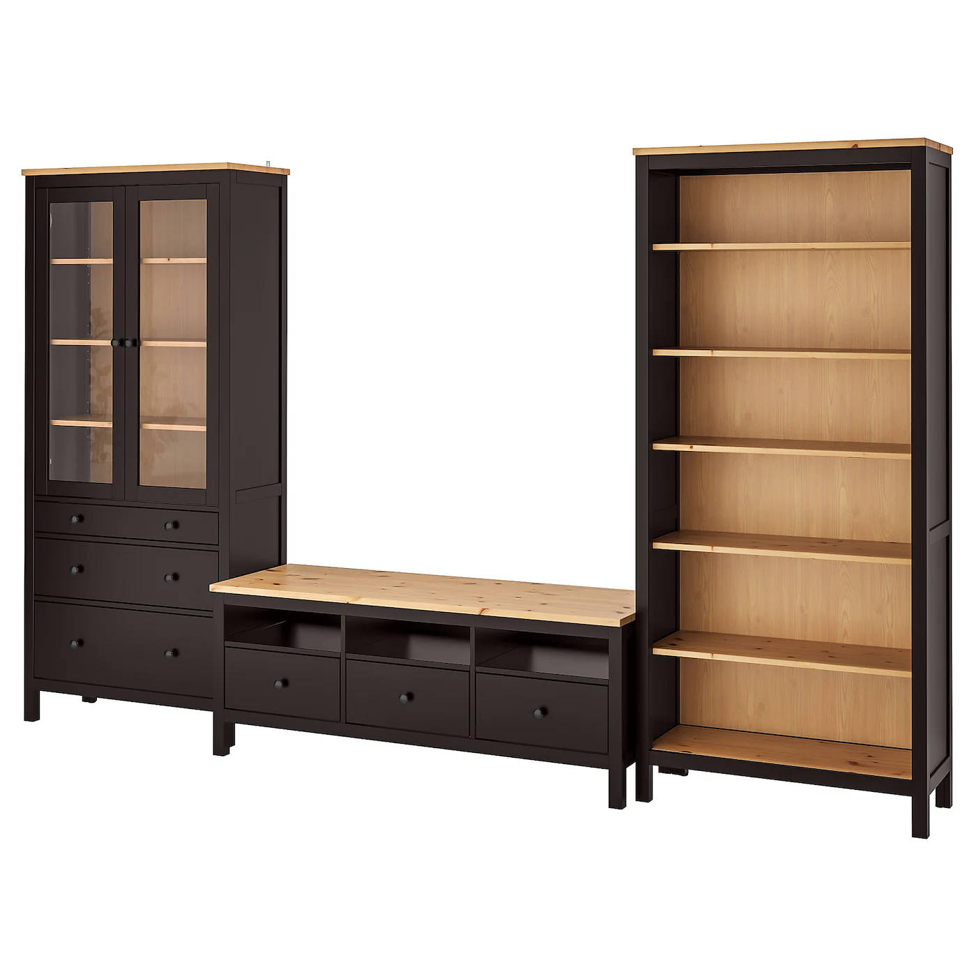 HEMNES TV komb. za odlaganje, crno-smeđa/svetlosmeđa bistro staklo, 326x197 cm