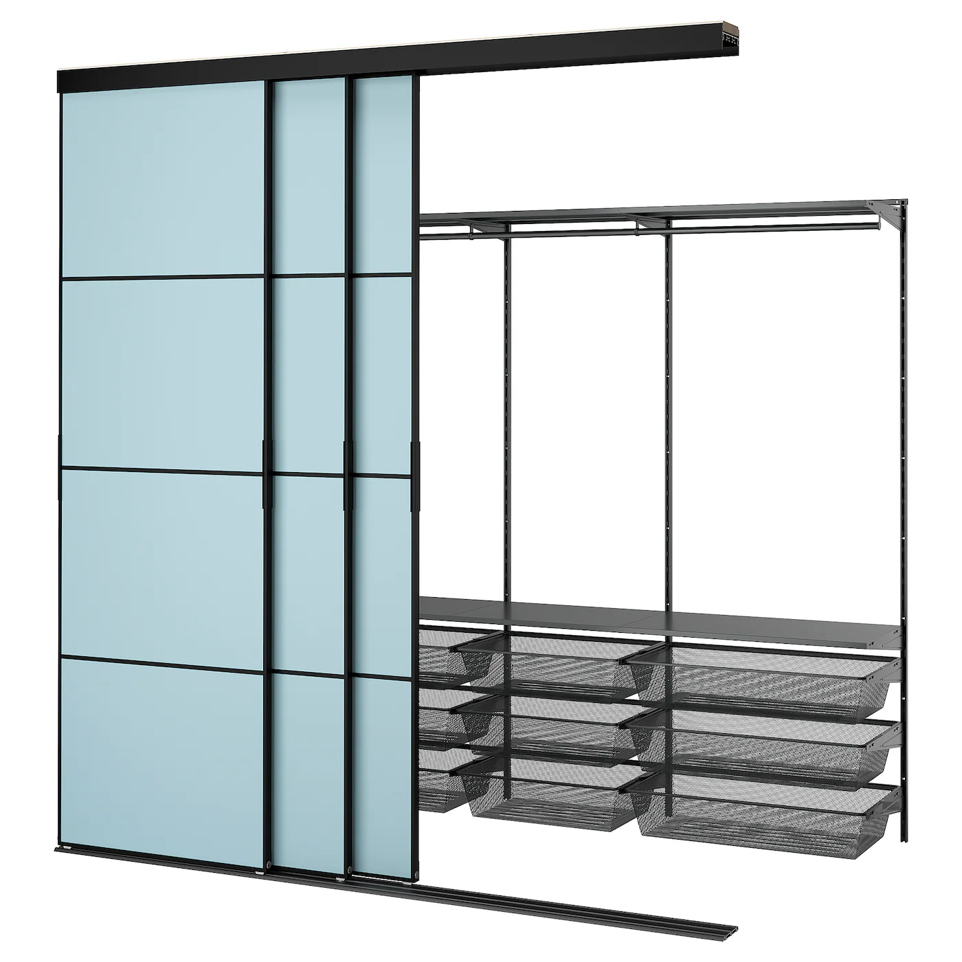SKYTTA / BOAXEL Ulazni garderober s kliznim vratima, crna metal/Mehamn svetloplava, 251x115x240 cm