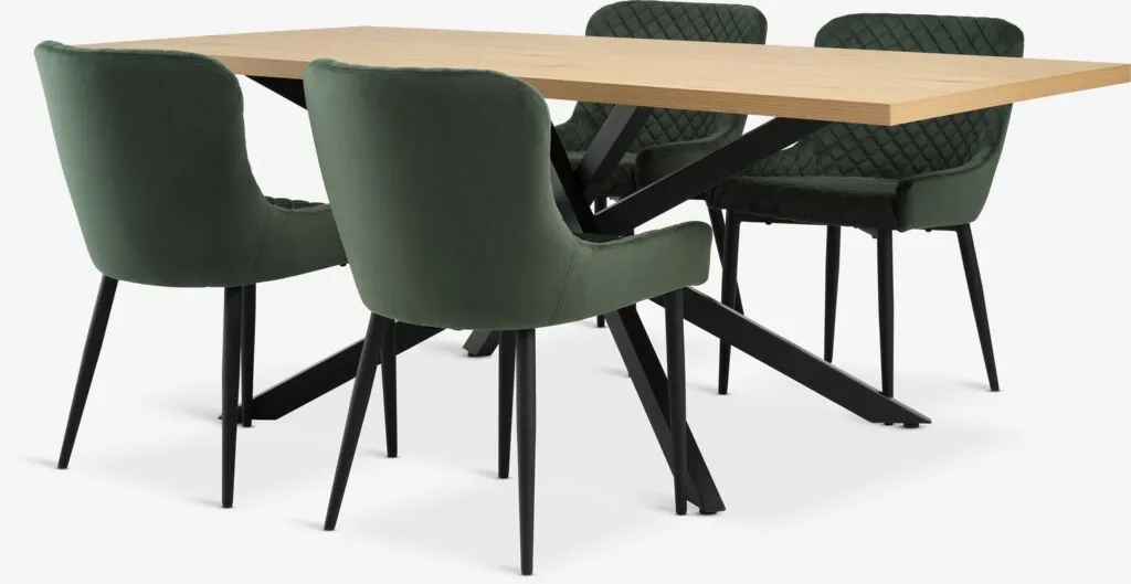 NORTOFT D200 sto hrast + 4 PEBRINGE stolice baršun zelena