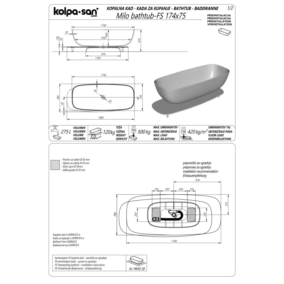 Kolpa MILO-FS 174X75 (WH) 591520 Bela
