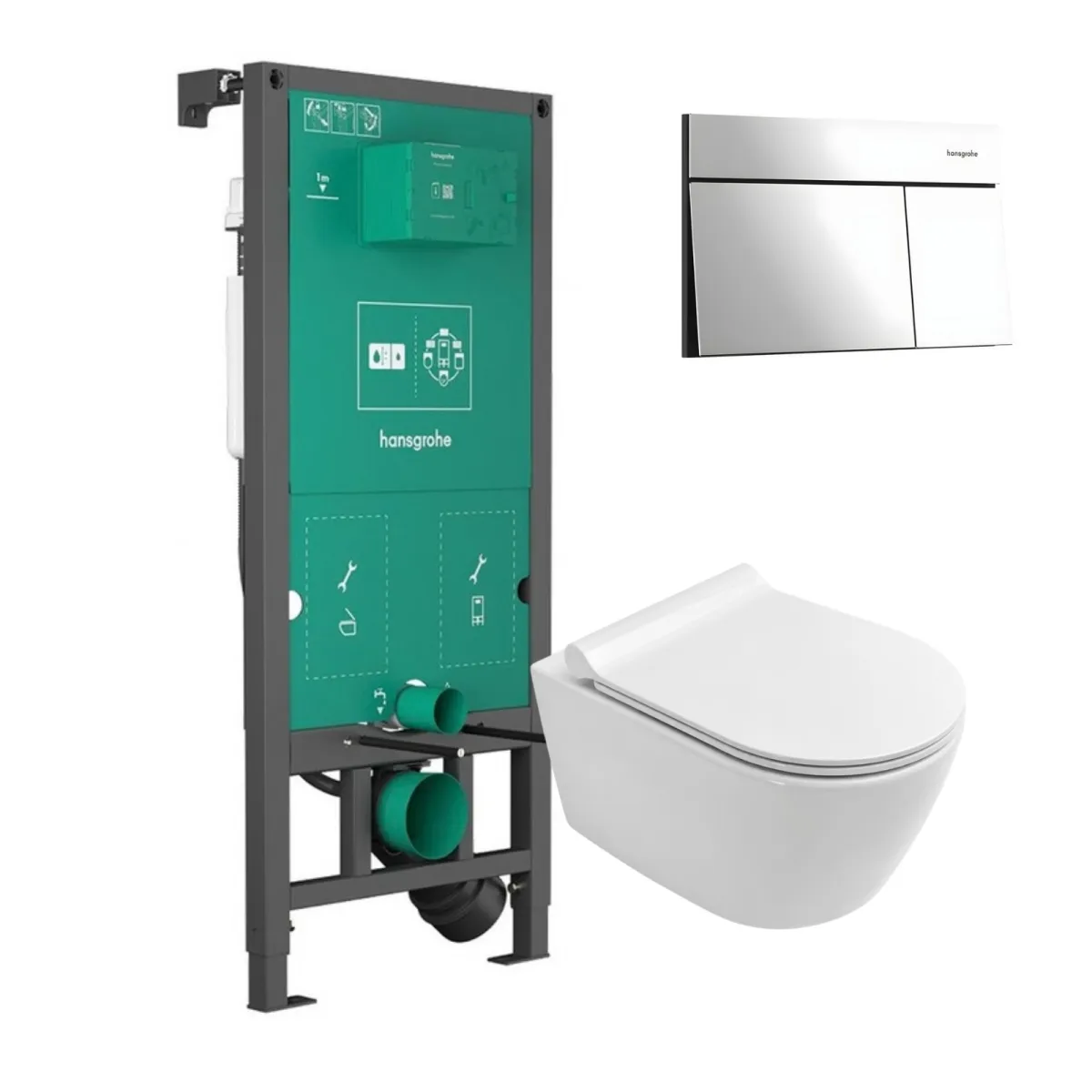 SET Hansgrohe iFrame ugradni vodokotlić I Element E hrom tipka I Giusta Ultima Vortex WC šolja I Slim soft close daska Bela