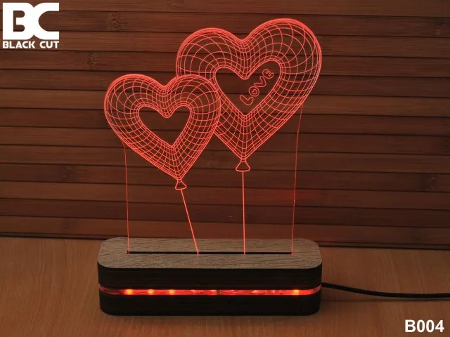 Black Cut 3D Lampa sa 9 različitih boja i daljinskim upravljačem - Dva srca ( B004 )