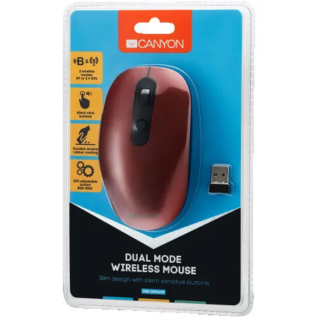 Canyon MW-9 2 in 1 wireless optical mouse with 6 buttons, DPI 800100012001500, 2 mode(BT 2.4GHz), Battery AA*1pcs, Red, silent switch for r