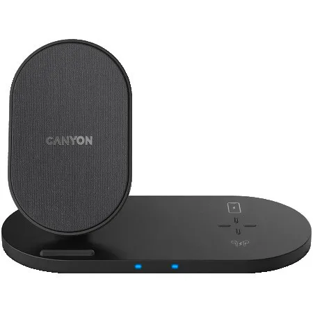 Canyon WS-202 2in1 wireless charger, Input 5V3A, 9V2.67A, Output 10W7.5W5W, Type c cable length 1.2m, PC+ABS,with PU part ,180*86*111.1mm,