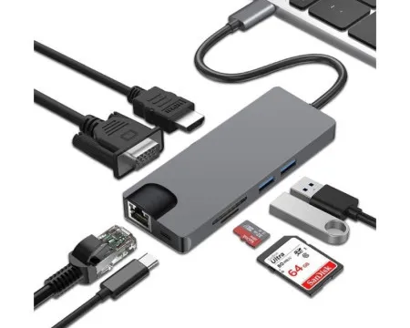 E-Green adapter USB 3.1 Tip C (M) - HDMI+VGA+2X 3.0 USB + tip C + SD (F)