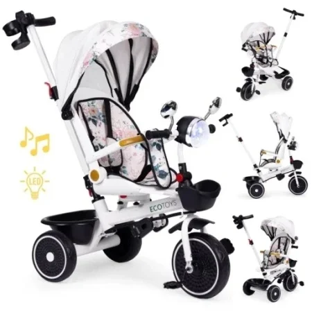 Ecotoys Tricikl za decu sa rotirajućim sedištem, gurajućim rukohvatom i tendom white ( WQL-186 WHITE )
