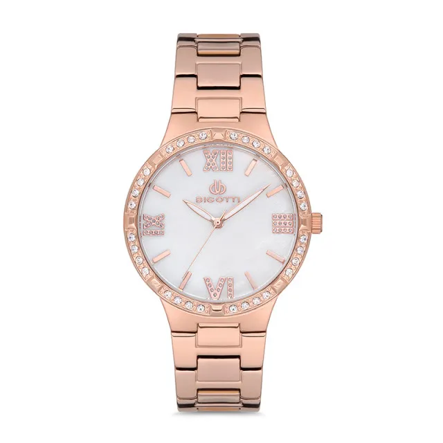 Ženski bigotti beli roze zlatni elegantni ručni sat sa roze zlatnim metalnim kaišem ( bg.1.10117-4 )