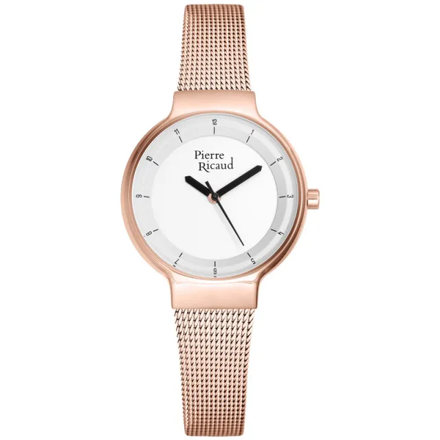 Ženski pierre ricaud quartz beli roze zlatni elegantni ručni sat sa roze zlatnim pancir kaišem ( p51077.9113q )