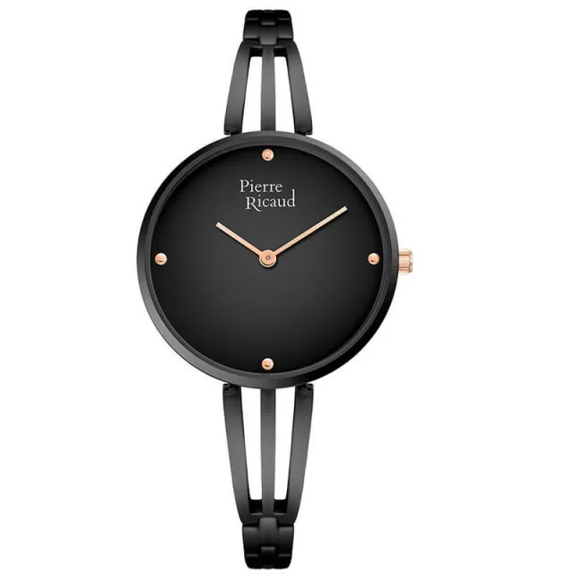 Ženski pierre ricaud quartz crni modni ručni sat sa crnim metalnim kaišem ( p22091.b1r4q )