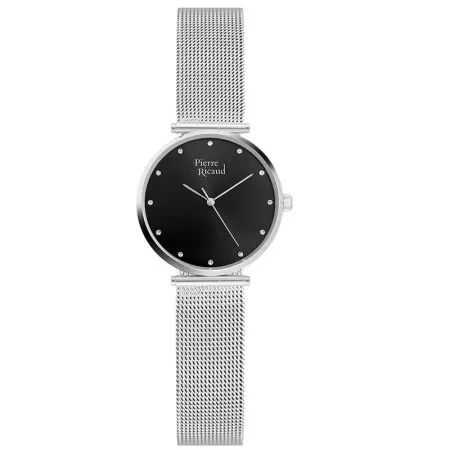 Ženski pierre ricaud quartz small swarovski point crni srebrni elegantni ručni sat sa srebrnim pancir kaišem ( p22036.5144q )