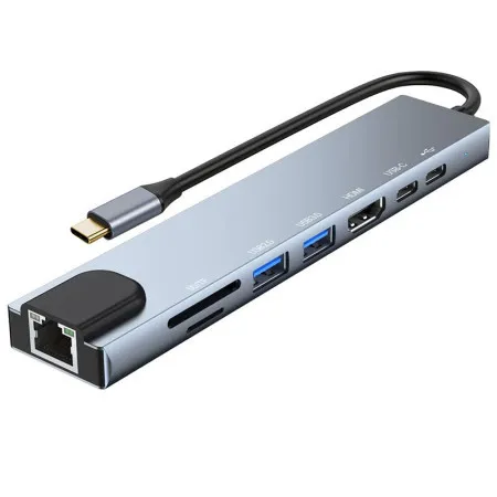 HUB type C 8u1 4K HDMI SD/TF USB-C PD 100M RJ ( 55-078 )