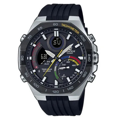 Muški casio edifice crni srebrni sportski ručni sat sa crnim silikonskim kaišem ( ecb-950mp-1aef )