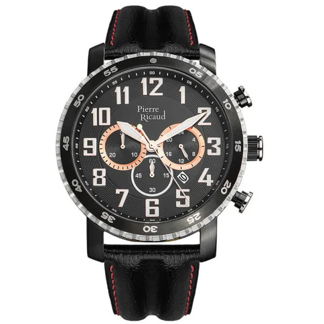 Muški pierre ricaud chronograph crni sportski ručni sat sa crveno crnim kožnim kaišem ( p91081.y22rch )