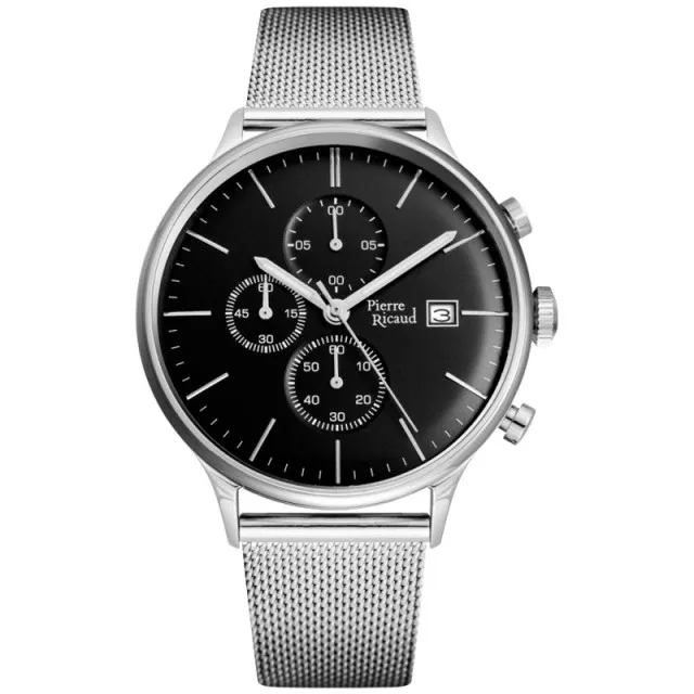 Muški pierre ricaud chronograph crni srebrni elegantni ručni sat sa srebrnim pancir kaišem ( p97206.5114ch )