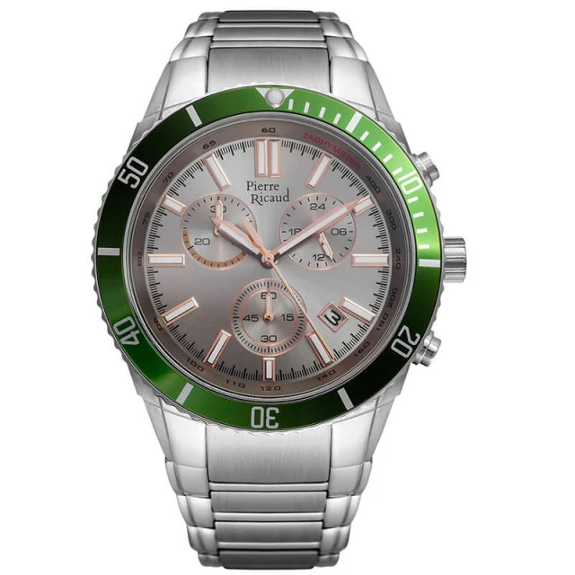 Muški pierre ricaud chronograph tachymeter sivi roze zlatni sportski ručni sat sa metalnim kaišem ( p97029.51r7ch )