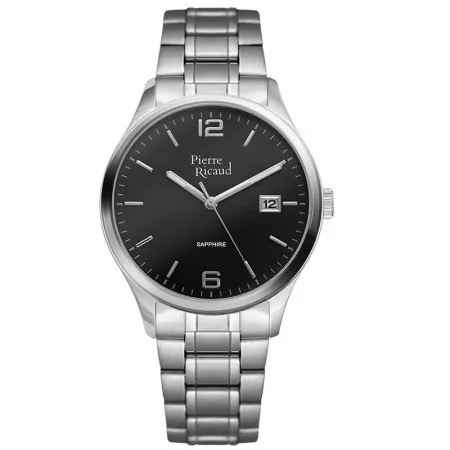 Muški pierre ricaud safir datum crni srebrni quartz elegantni ručni sat sa srebrnim metalnim kaišem ( p91086.5154q )