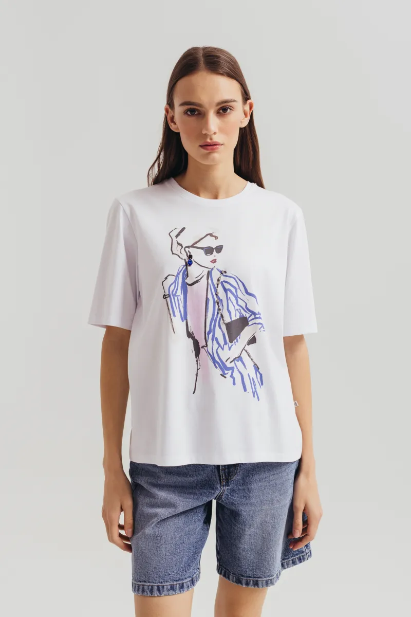 Bela majica sa ilustracijom dame u stilu modnog skica