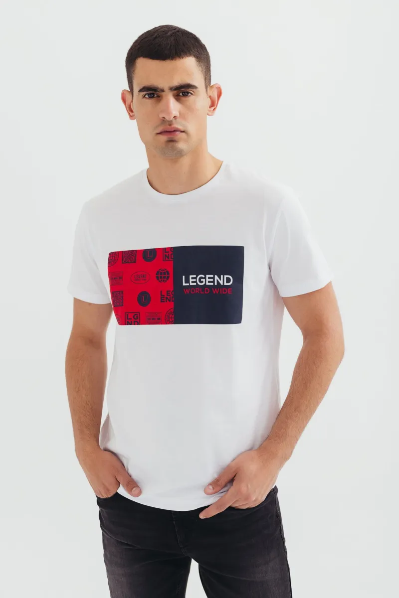 Bela muška majica sa dvojnim printom i natpisom LEGEND WORLD WIDE