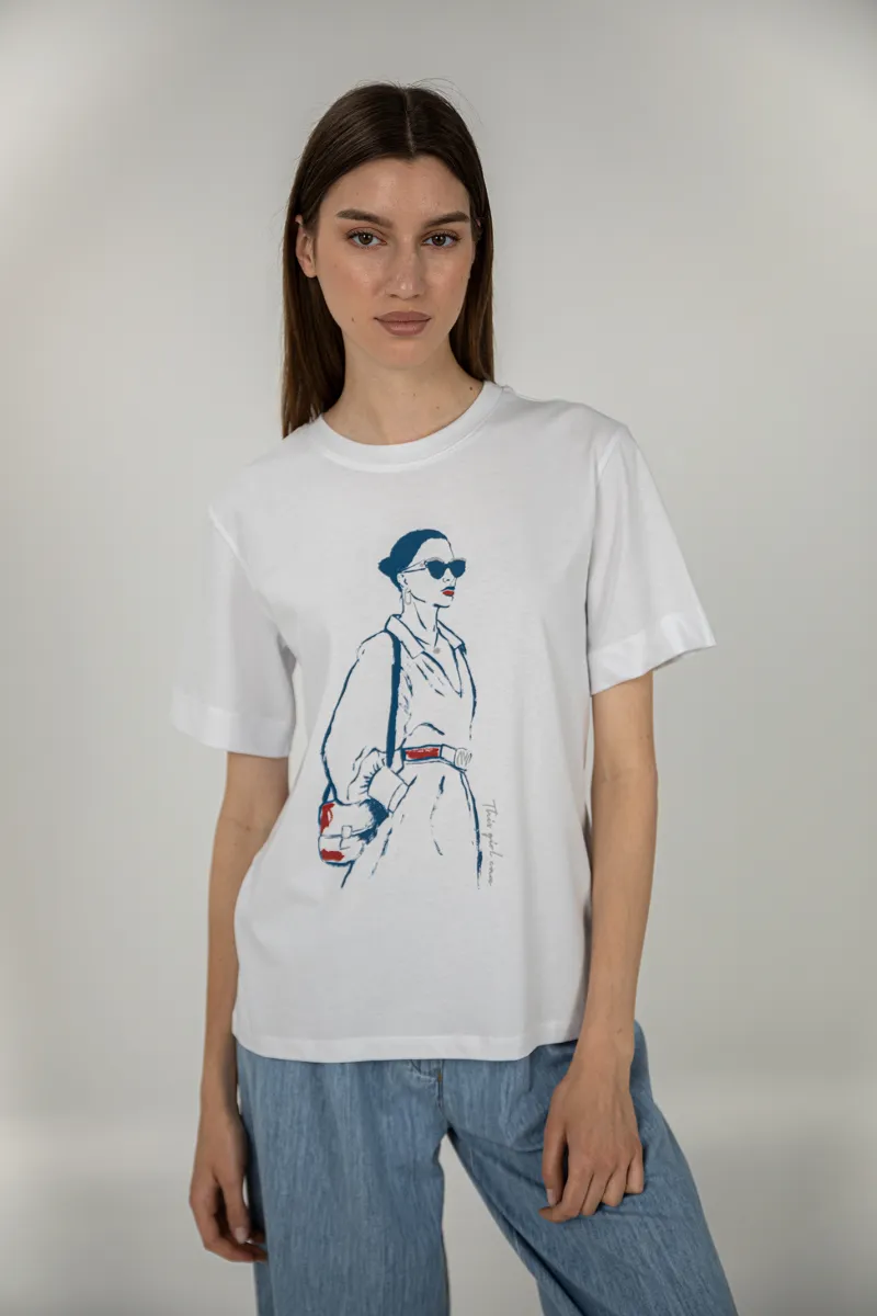 Bela pamučna majica sa ilustracijom žene u stilu skice