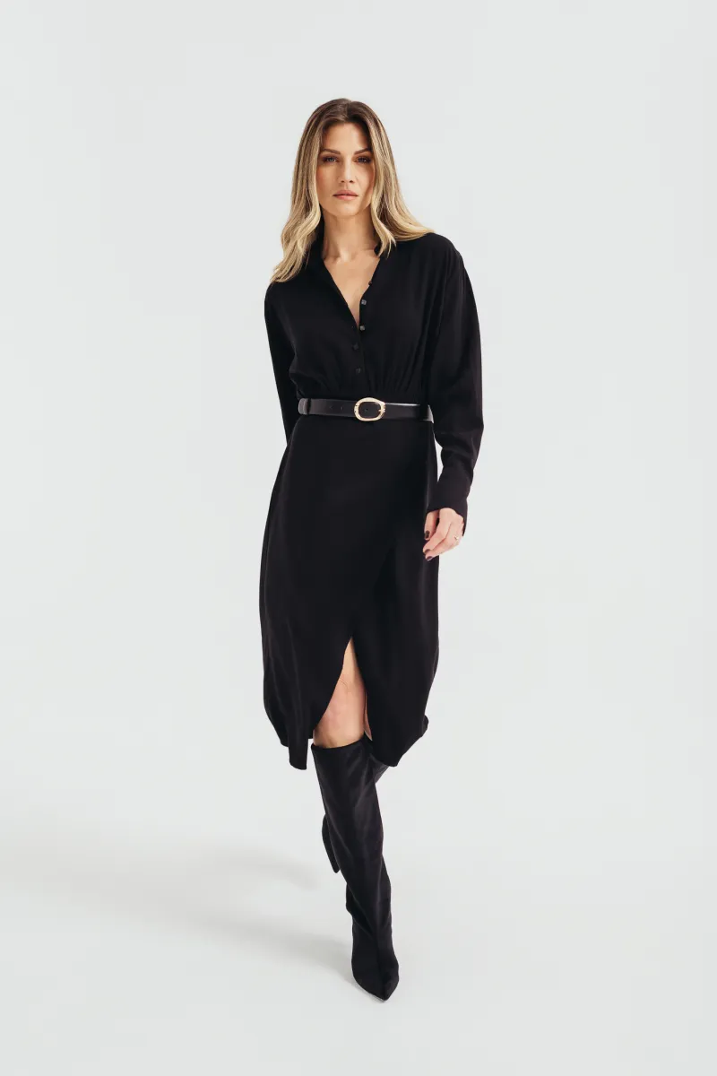 Crna elegantna haljina na preklop