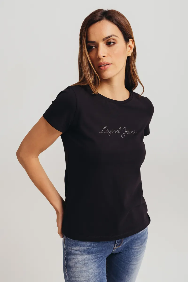 Crna ženska majica sa cirkonima i Legend Jeans natpisom