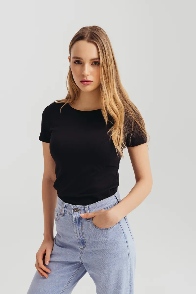 Crna ženska pamučna majica sa cirkonima -basic model