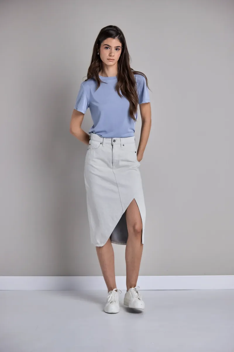 Denim midi suknja sa asimetričnim prorezom
