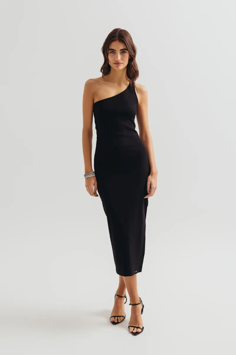 Elegantna midi crna haljina na jedno rame