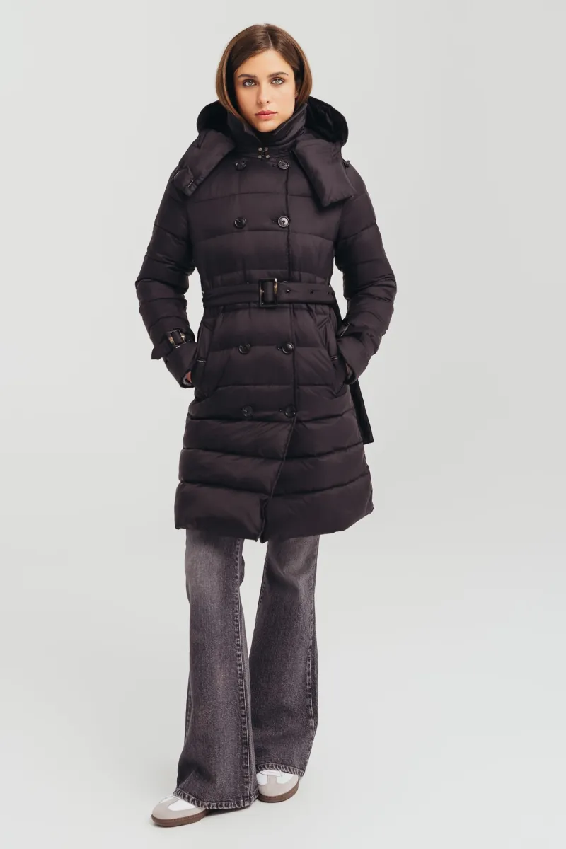 Ženska duga jakna sa kapuljačom i kaišem u struku