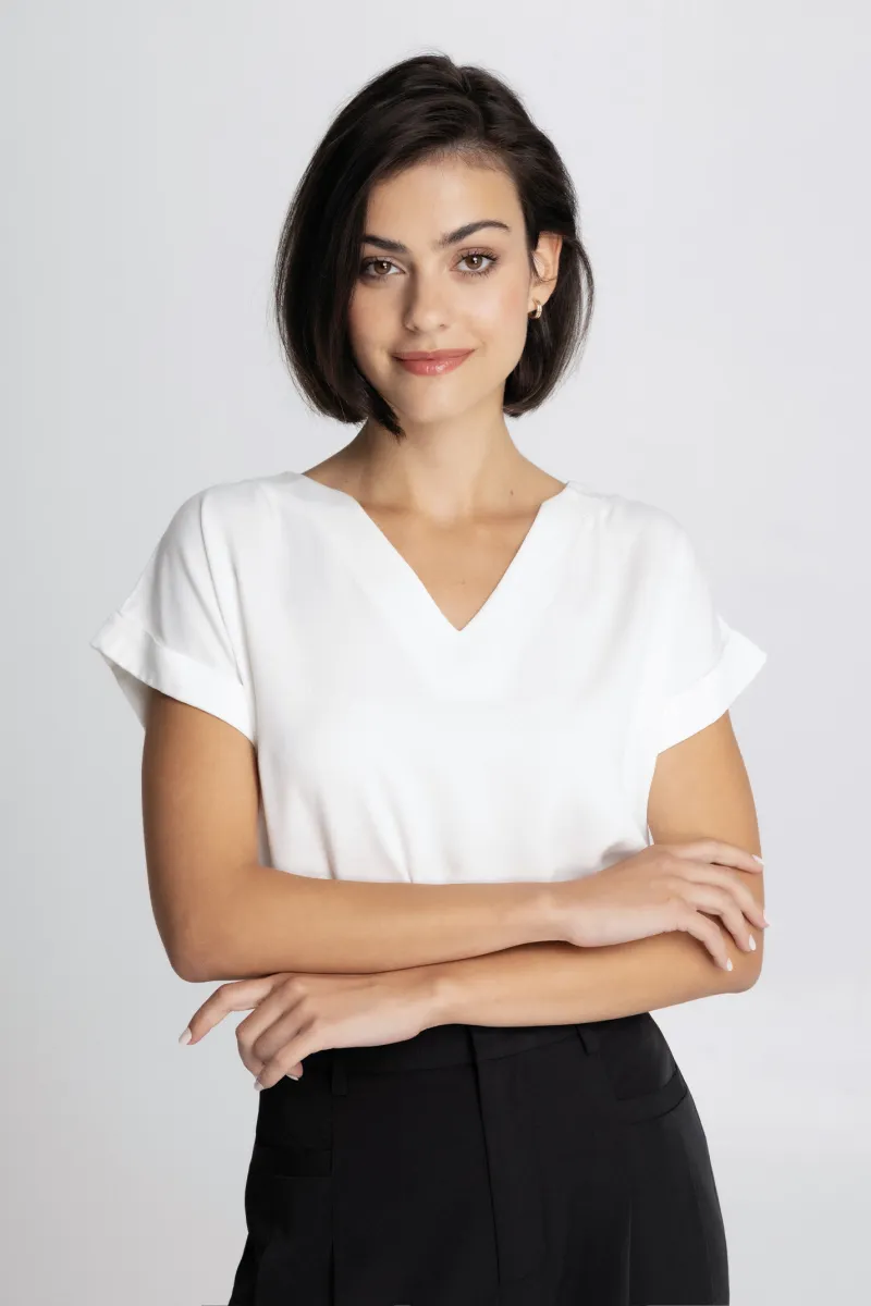 Ženska elegantna bela bluza sa V-izrezom