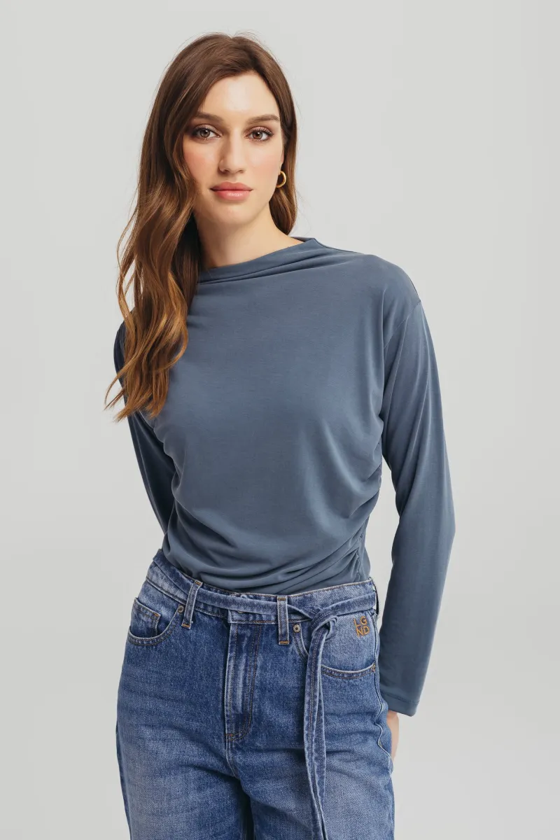 Ženska plava majica dugih rukava sa naborima