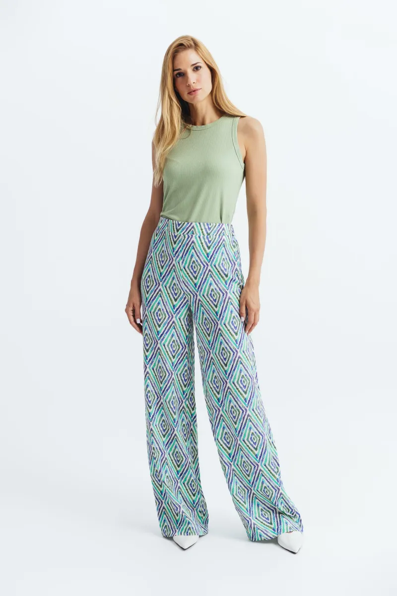 Široke ženske letnje pantalone sa šarenim geometrijskim printom