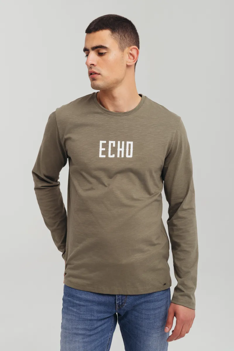 Maslinasto zelena muška majica dugih rukava Echo printom