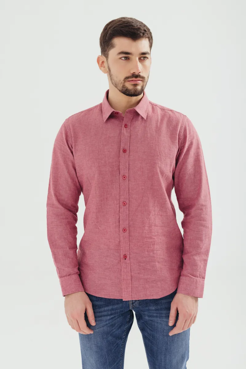 Muška košulja od lana i pamuka u crvenoj boji -slim fit