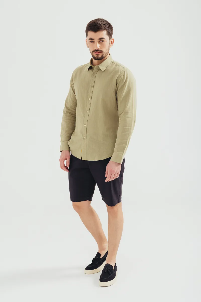 Muška košulja od lana i pamuka u maslinasto zelenoj boji  -slim fit