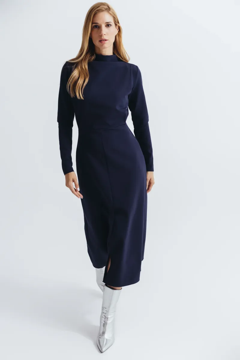 Teget midi haljina sa dugim rukavima