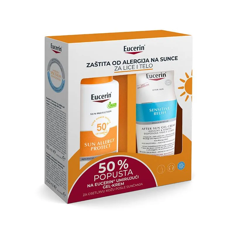 Eucerin box gel-krem za zaštitu od sunca i alergija spf50 150ml + gel-krem za osetljivu kožu posle sunčanja 200ml