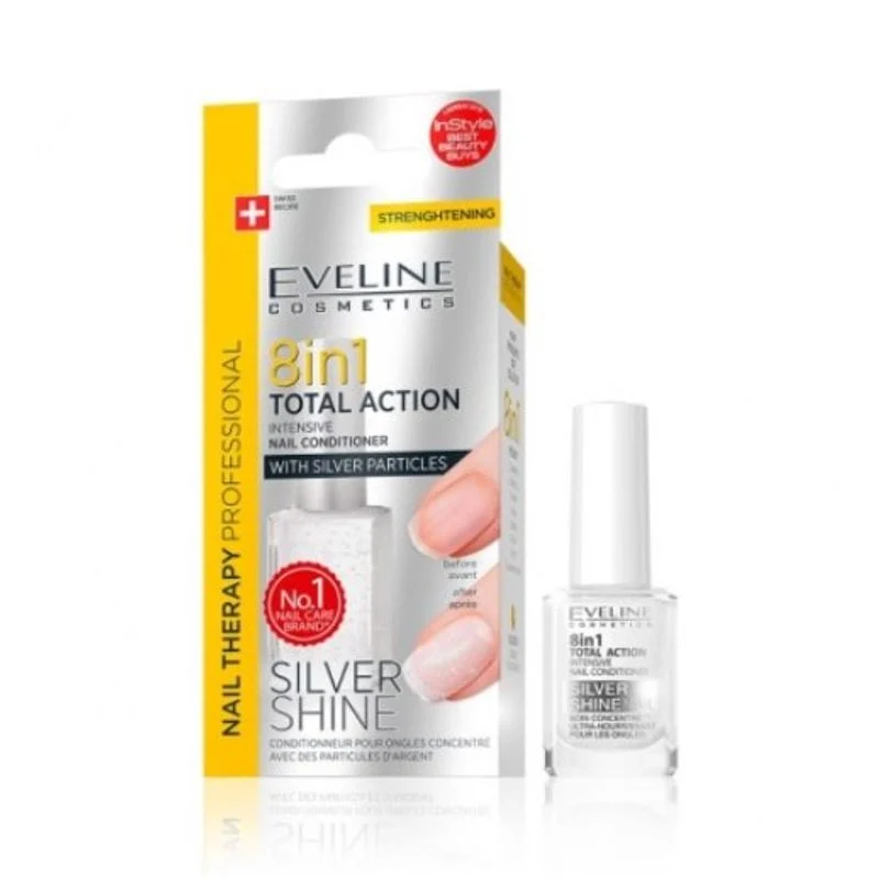 Eveline Total Action 8in1 Silver zaštita za nokte, sa šljokicama 12ml
