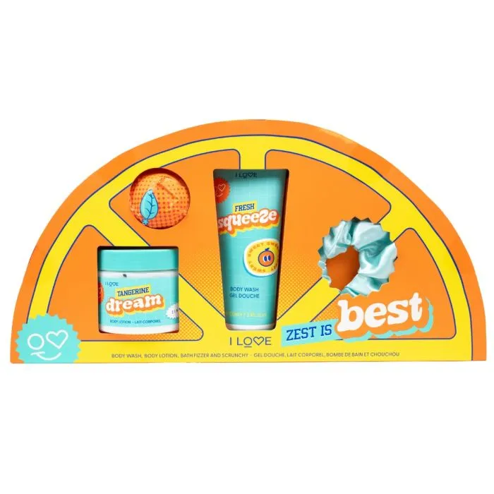 I Love poklon set Zest Is Best (gel za tuširanje 100 ml + losion za telo 150 ml + šumeća kupka 100 g + gumica za kosu)