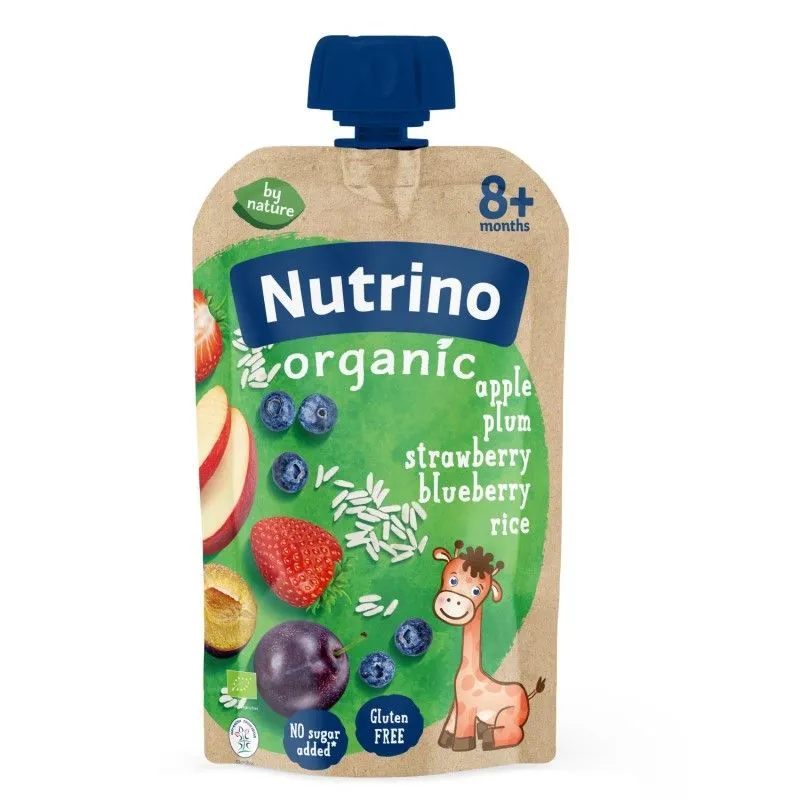 Nutrino organska voćna kaša jabuke, šljive, jagode i borovnice sa pirinčem i dodatkom vitamina C 100 g