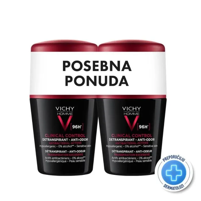 Vichy déodorant clinical control roll-on dezodorans protiv neprijatnih mirisa do 96h, 2x50 ml