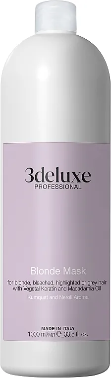 3DeLuXe Blonde Mask For Blonde Bleached Highlighted Or Grey Hair With Vegetal Keratin And Macadamia Oil Maska za plavu kosu, izbeljenu, sa pramenovima i sedu, koja štiti boju, sa biljnim keratinom i makadamija uljem