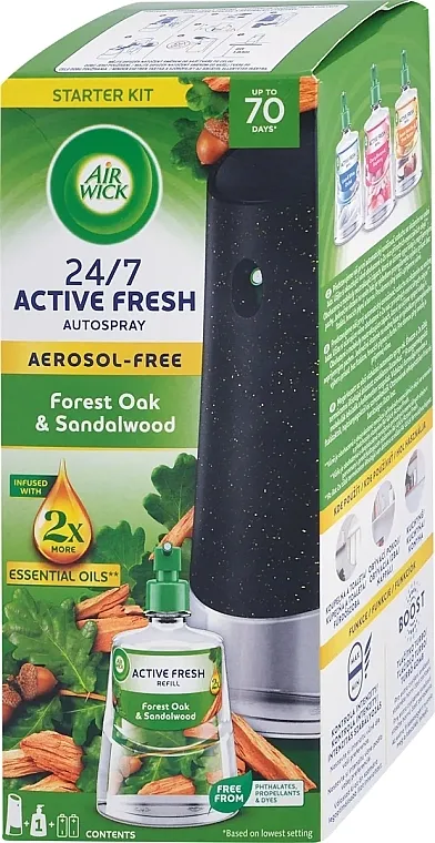 Air Wick 24/7 Active Fresh Diffuser + Refill Forest Oak &amp; Sandalwood Automatski difuzer mirisa bez aerosola 'Šumski hrast i sandalovina'