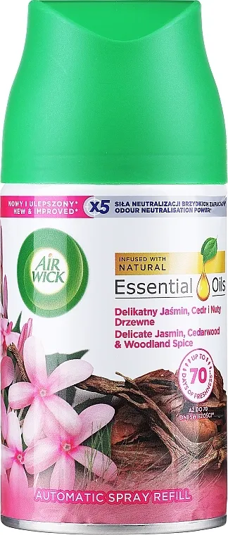 Air Wick Automatic Spray Refill Delicate Jasmin, Cedarwood &amp; Woodland Spice Zamenska aerosolna bočica za automatski osveživač vazduha