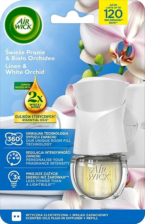 Air Wick Essential Oils Electric Linen &amp; White Orchid Električni osveživač vazduha Svež veš i Bela orhideja