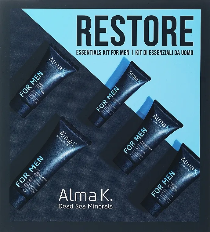 Alma K. Restory Essentials Kit for Men (sh/gel/75ml + clean/50ml + moist/30ml + sh/cr/40ml + af/balm/40ml) Set, 5 proizvoda