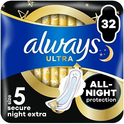 Always Ultra Secure Night Extra Higijenski ulošci, veličina 5, 32 kom.