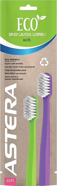 Astera ECO Duo Pack Soft ECO četkice za zube, mekane, 2 kom., svetlozelena + ljubičasta