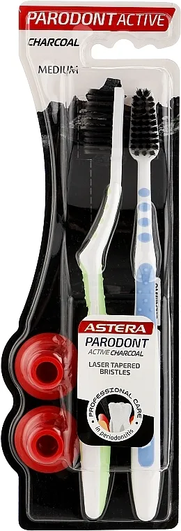 Astera Parodont Active Charcoal Medium Toothbrush 1+1 Četkica za zube sa aktivnim ugljem, srednja, svetlozelena + plava